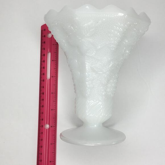 Vintage MILK GLASS Vase Footed Octagon Flared Top Raised Grapevine Pattern - Picture 5 of 10